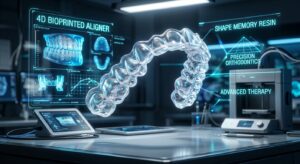 Alineador transparente impreso en 4D flotando en un laboratorio con pantallas digitales de escaneo dental 3D