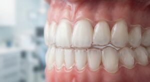 Alineadores de ortodoncia transparente colocados en los dientes superiores e inferiores