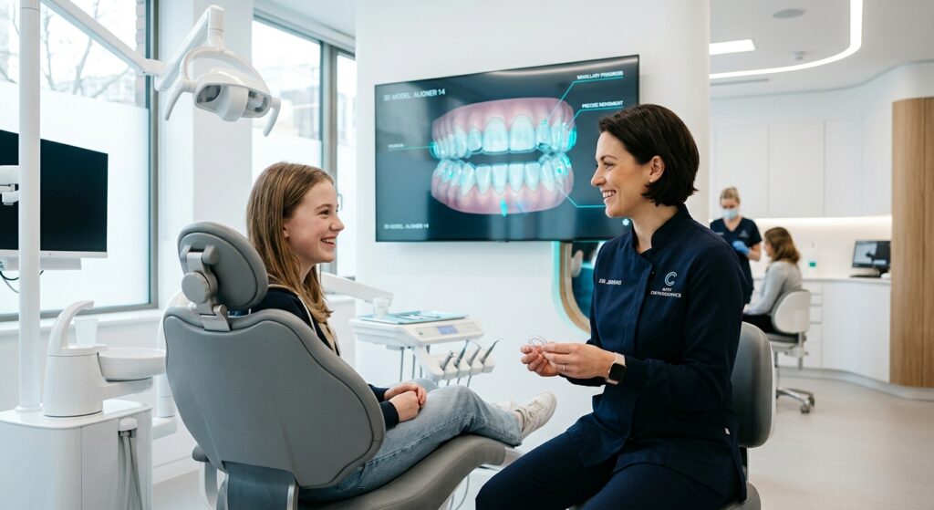 Ortodoncista mostrando un alineador transparente a una joven paciente en una consulta dental moderna