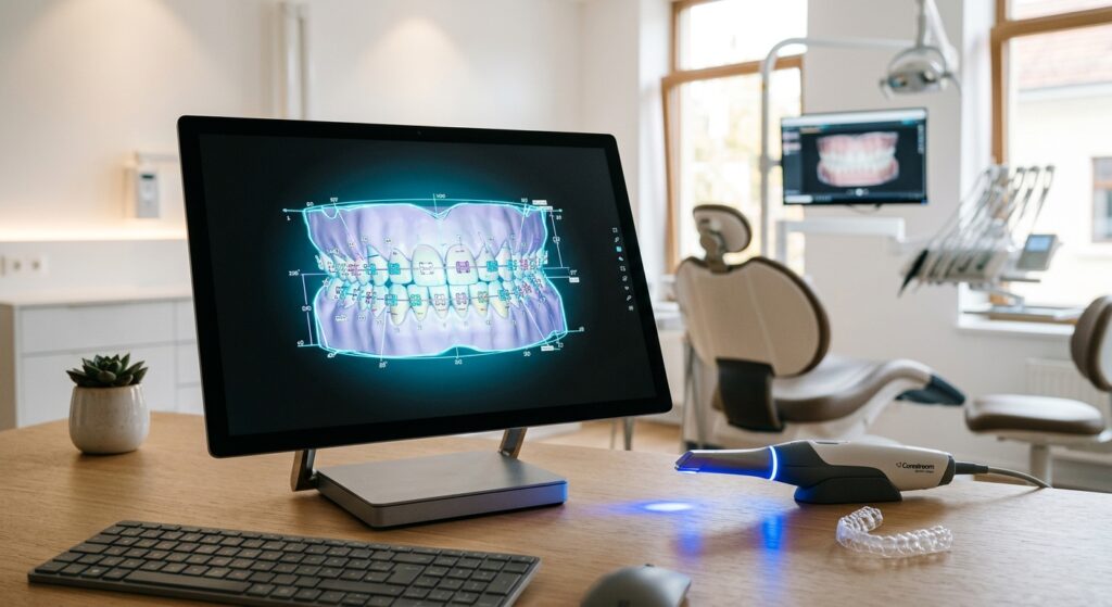 Pantalla con un modelo dental 3D con ortodoncia junto a un escáner intraoral en una clínica dental