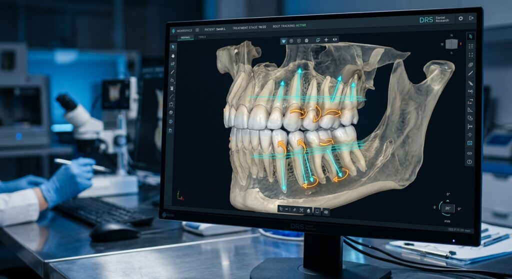 Pantalla de ordenador que muestra un modelo 3D de una mandíbula con flechas de seguimiento de raíces dentales